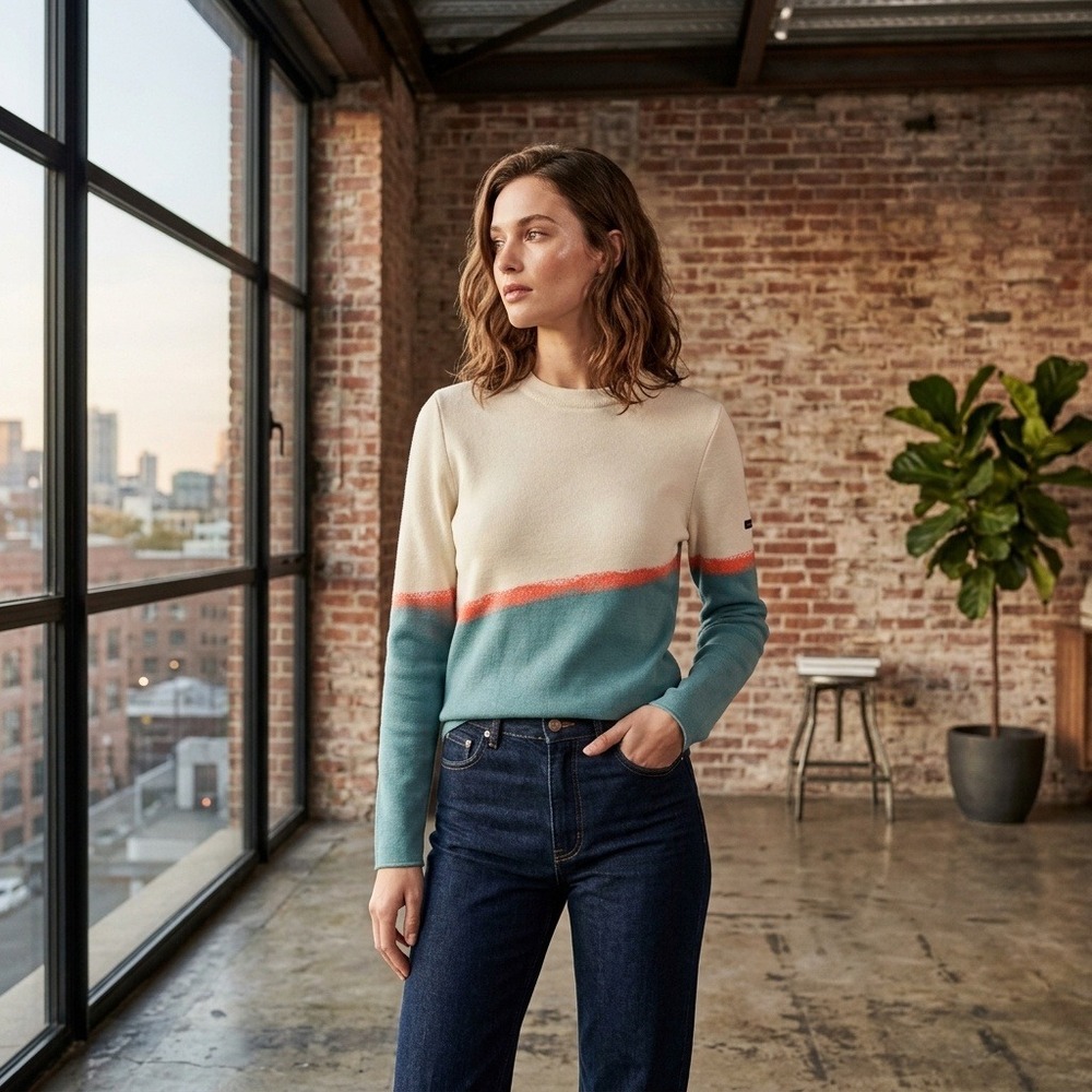 Saint James Wool Sweater Colorblock Blue White Orange Made in France 1181